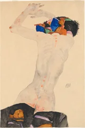 Rückenakt mit buntem Tuch Nude takaa värillisellä kankaalla, 1911.