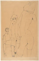 Schiele alastonmallin kanssa ennen peiliä, 1910
