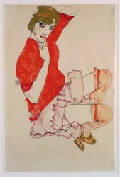 Wally in roter Bluse mit erhobenen Knien (guassi, vesiväri ja lyijykynä)