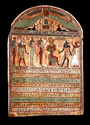Egyptiläinen antiikki: ylipapin hautausmaa: Osiris toivottaa tervetulleeksi Anubiksessa läsnäolevan vainajan, hänen takanaan jumaluudet Isis, Nephtis (Nephtys tai Neftis), Horus, Hathor. 3.-2. vuosisadalla eKr. Torino, Egyptiläinen museo - Egyptin antiikki