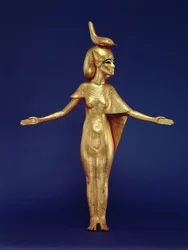Yksityiskohta jumalatar Selketistä katoksen pyhäköstä, Tutankhamonin haudasta (n. 1370-1352 eKr.) Uusi kuningaskunta (kullattu puu) (katso myös 228567)