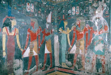 Egypti, Thebe, Luxor, Kuninkaiden laakso, Horemhebin hauta, seinämaalaus, joka kuvaa Horemhebia jumalatar Isiksen ja jumala Horuksen välissä, Uusi valtakunta, XVIII dynastia