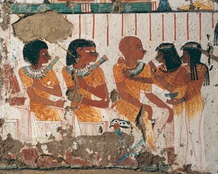 Egypti, Länsi-Thebes Assassif Necropolis, Nenamonin hauta ja Ipuki. Fresko, joka esittää kaulakoruja kuolleille. (Uusi kuningaskunta, dynastia XVIII)