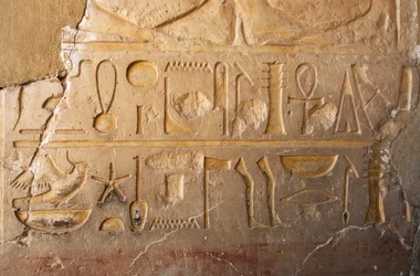 Egyptiläinen antiikki: yksityiskohta kaiverruksesta, jossa patruuna ja hieroglyfit edustavat pitkää ikää ja vaurautta. Kuningatar Hatshepsutille omistettu temppeli (Hatshepsut) (1479 eKr. - 1457 eKr.) Deir el Bahari, Egypti