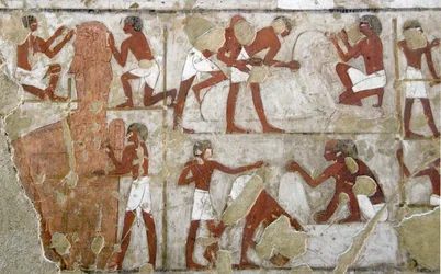 Egyptiläinen antiikki: 18. dynastian visiirin Rekhmiren hautaa koristava maalaus (TT100)