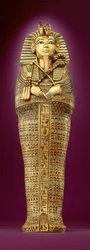 Etunäkymä yhdestä katosarkusta, Tutankhamonin haudasta (n. 1370-1352 eKr.) Uusi kuningaskunta (vahattua kultaa, värillisellä lasilla ja korneolilla koristeltu) (katso myös 227990 & 227992)
