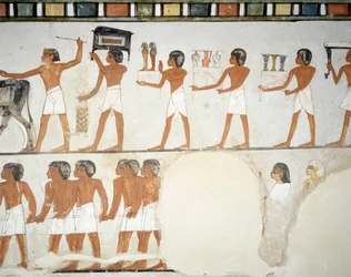 Hautajaiskulkue, yksityiskohta freskoista Mennan haudan kappelissa, Sheikh Abd el Qurnah Necropolis, Luxor, Thebes (Unescon maailmanperintöluettelo)