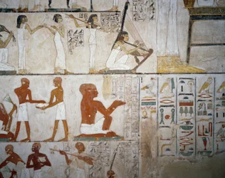 Hautajaiset naismuusikoiden, miesten ja muusikoiden kanssa, yksityiskohta freskoista Rekhmiren haudassa, Sheikh Abd el Qurnah Necropolis, Luxor, Thebes (Unescon maailmanperintöluettelo)