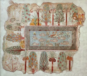 Yksityisen kartanon puutarha, jossa on koristeellinen uima-allas, osa seinämaalausta Nebamunin haudasta, Thebes, Uusi kuningaskunta, n. 1350 eKr. (maalattu kipsi)
