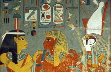 Horus, Horemheb ja Hathor, Horemhebin haudasta (n. 1323-1295 eKr.) Uusi kuningaskunta (seinämaalaus)