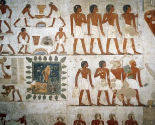 Metallintyöstö ja tiilien valmistus, yksityiskohta freskoista Rekhmiren haudassa, Sheikh Abd el Qurnah Necropolis, Luxor, Thebes (Unescon maailmanperintöluettelo)