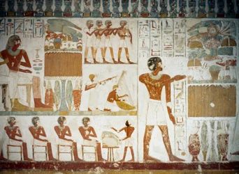 Muusikot, yksityiskohta freskoista Tomb of Userhatissa, Sheikh Abd el Qurnah Necropolisissa, Luxorissa, Thebes (Unescon maailmanperintöluettelo)