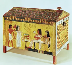 Maalattu arkku, jossa on juhlakohtaus Khan (d.c.1390-52 eKr.) haudasta, joka löydettiin Deir el-Medinasta, Uudesta kuningaskunnasta (puu)
