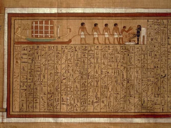 Kuolleiden kirjan hieroglyfejä ja monivärisiä kuvituksia sisältävä papyrus Khan haudasta Thebassa. Uusi valtakunta, XVIII dynastia
