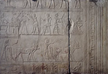 Faarao Horemheb, kuvattu tekemässä maataloustöitä Iarun pelloilla, vastaanottaen maanviljelijöiden tarjoamaa satoa, kalkkikivinen seinäreliefi, Horemhebin Memfiittihaudasta Saqqarassa, Egyptin sivilisaatio, Uusi valtakunta, XVIII dynastia