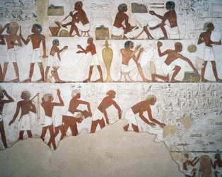 Valaajat ja työntekijät, fresko, kappeli, Rekhmiren hauta (TT100), Sheikh Abd el-Qurna, Thebes (Unescon maailmanperintöluettelo)