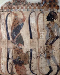 Valloitettujen maiden vankeja, maalattu Tutankhamonin haudan materiaaliin, Egyptin sivilisaatio, Uusi valtakunta, XVIII dynastia, Yksityiskohta kasvoista.
