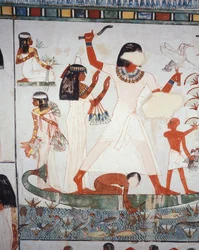 Metsästys- ja kalastuskohtaus suolla, fresko, pohjoisseinä, pitkittäiskammio, Theban hauta TT69, Sheikh Abd el-Qurna, Thebes (Unescon maailmanperintöluettelo)
