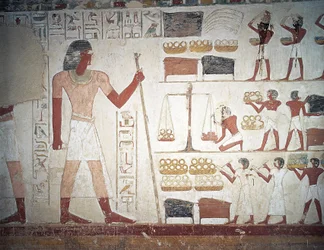 Kuparin punnitus, fresko, Userhatin hauta, opettaja ja kirjuri Amenhotep II:n hallituskaudella, joka tunnetaan myös nimellä hauta TT56, Sheikh Abd el-Qurna, Thebes (Unescon maailmanperintöluettelo)