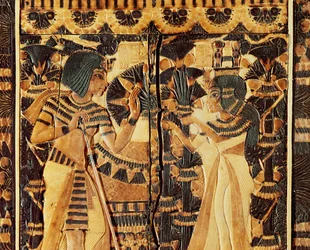 Yläpaneeli arkista, Tutankhamonin haudasta, Uudesta kuningaskunnasta (puu, pronssi, norsunluu ja värillinen lasite)