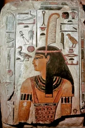 Egyptin taide: Seti I:n hauta (KV 17). Maat, totuuden ja oikeuden jumalatar, sekä hieroglyfejä