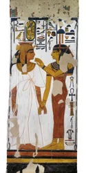 Egypti, Theba, Luxor, Kuningattarien laakso, Nefertarin hauta, jumalatar Isistä ja kuningatarta esittävä seinämaalaus hautakammion pylväässä 19. dynastian ajalta