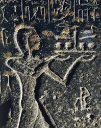 Graniittipatsas, joka kuvaa prinssi Merneptahia palvonnassa ja joka on omistettu Ptah-jumalalle.