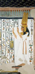 Nefertari Osiriksen valtakunnan ensimmäisen oven edessä kädet kohotettuina palvonnan merkiksi, fresko, hautakammio, Nefertarin hauta (QV66), Kuningattarien laakso, Theba. Egyptiläinen sivilisaatio, Uusi valtakunta, XIX dynastia.