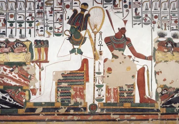 Osiris ja Atum, fresko, itäseinä, itäsivukammio, Nefertarin hauta (QV66), Kuningattaren laakso, Thebes (Unescon maailmanperintöluettelo)
