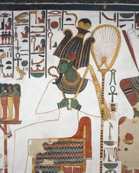 Osiris, fresko, itäseinä, itäinen sivukammio, Nefertarin hauta (QV66), Kuningattarien laakso, Thebe (Unescon maailmanperintöluettelo).
