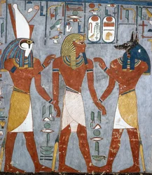 Ramses I Horuksen ja Anubiksen välissä, fresko, hautakammio, Ramses I:n hauta (KV16), Kuninkaiden laakso, Theba (Unescon maailmanperintöluettelo)