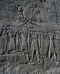 Ramesses II pyhän veneen edessä, reliefi, Suuren hypostyylisalin sisäseinät, Karnakin temppelikompleksi (Unescon maailmanperintöluettelo).