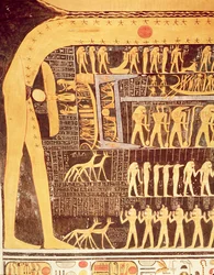 Yksityiskohta Päivän kirjasta Ramses VI:n (hallitsi 1143-1136 eaa.) haudan hautakammion katosta, Uusi valtakunta