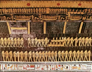 Yksityiskohta Päivän kirjasta Ramses VI:n hautakammion katosta (n. 1143-1136 eKr.) Uusi kuningaskunta (seinämaalaus)