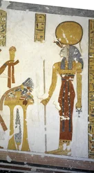 Egypti, Theba, Luxor, Kuninkaiden laakso, prinssi Mentuherkhepeshefin hauta, kissanpäisen Bastet-jumalattaren seinämaalaus, 20. dynastia