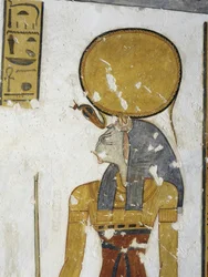 Egypti, Theba, Luxor, Kuninkaiden laakso, prinssi Mentuherkhepeshefin hauta, kissanpäisen Bastet-jumalattaren seinämaalaus, 20. dynastia