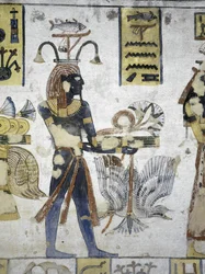 Egypti, Thebes, Luxor, Kuninkaiden laakso, Ramses III:n hauta, seinämaalaus rituaalilahjoista, 20. dynastiasta