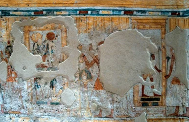 Egyptiläinen antiikin aika: esitys Shuroystä ja hänen vaimostaan palvomassa jumalaa Thot ja jumalatar Ra. Shuroyn haudan maalaus