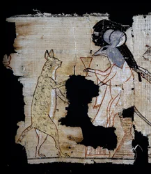 Papyrus, joka kuvaa satiirista kohtausta, noin 1100 eKr., peräisin Ramses IX:n hallituskaudelta, Yksityiskohta, Egyptin sivilisaatio, Uusi kuningaskunta, dynastia XX