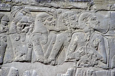 Reliefi, joka kuvaa "pohjoisia vankeja" Ramses III:n taistelussa, Medinet