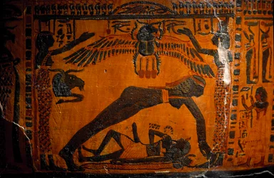 Egyptiläinen muinaisesine: kuninkaallisen kirjurin Boutehamonin (Butehamon) maalatusta puusta valmistettu sarkofagi. Thebasta. 21. dynastia. 990-970 eaa. Maailman luomista esittävä yksityiskohta: taivaan jumalatar Nut erkanee maan jumalasta Gebistä.