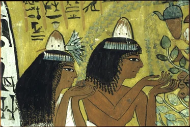Muinainen Egypti, seinämaalaus, Sennedjem ja vaimo palvovat Isistä Persea-puussa, Sennedjemin hauta, Thebe, Deir el Medina