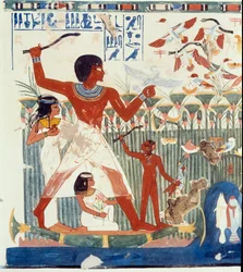 Egyptiläinen taide: lintujen metsästys. Jäljennös Nakhtin haudasta, Amenhotep II:n kaudelta (noin 1450-1425 eKr.), Pariisi, Collège de France