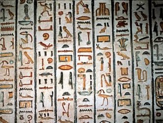 EGYPTIN TAIDE: Hieroglyfi. Sethi I:n haudasta Kuninkaiden laaksossa. (fresko)