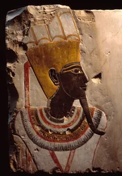 Egyptiläinen antiikki: yksityiskohta kalkkikivimaalauksesta, joka kuvaa hedelmällisyyden jumalaa Amon Min (Amon-Min). Luxor, Egyptin taidemuseo