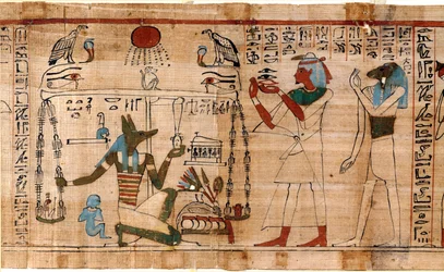 Egyptiläinen antiikki: sielun punnitus - Yksityiskohta kuolleiden kirjasta, papyrus, jota säilytetään Torinon egyptiläisessä museossa, Italiassa