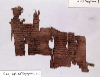 Kirjallinen papyrus: "Phedrus", Platon (-428; -348), kreikkalainen filosofi. Milanon yliopisto, papyrologian instituutti