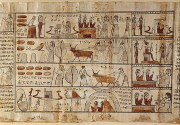 Muinaisen Egyptin taide: Elysionin kentät. Maalaus papyrukselle Kuolleiden kirjasta. Ptolemaiosten kausi. Egyptiläinen museo, Torino, Italia