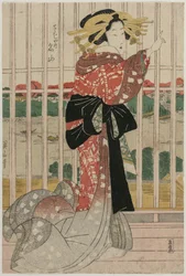 Chojiyan kurtisaani Meizan parvekkeella, josta on näkymät Sumida-joelle, noin 1820-luvun alussa tai puolivälissä.