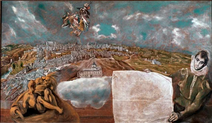 Näkymä Toledon kaupungista (Toledo) Espanjassa ja tasosta alla oikealla Domenikos Theotokopoulos dit El Grecon maalaus (1541-1614) 1608-1614 su. 132x228 cm Toledon kreikkalainen museo